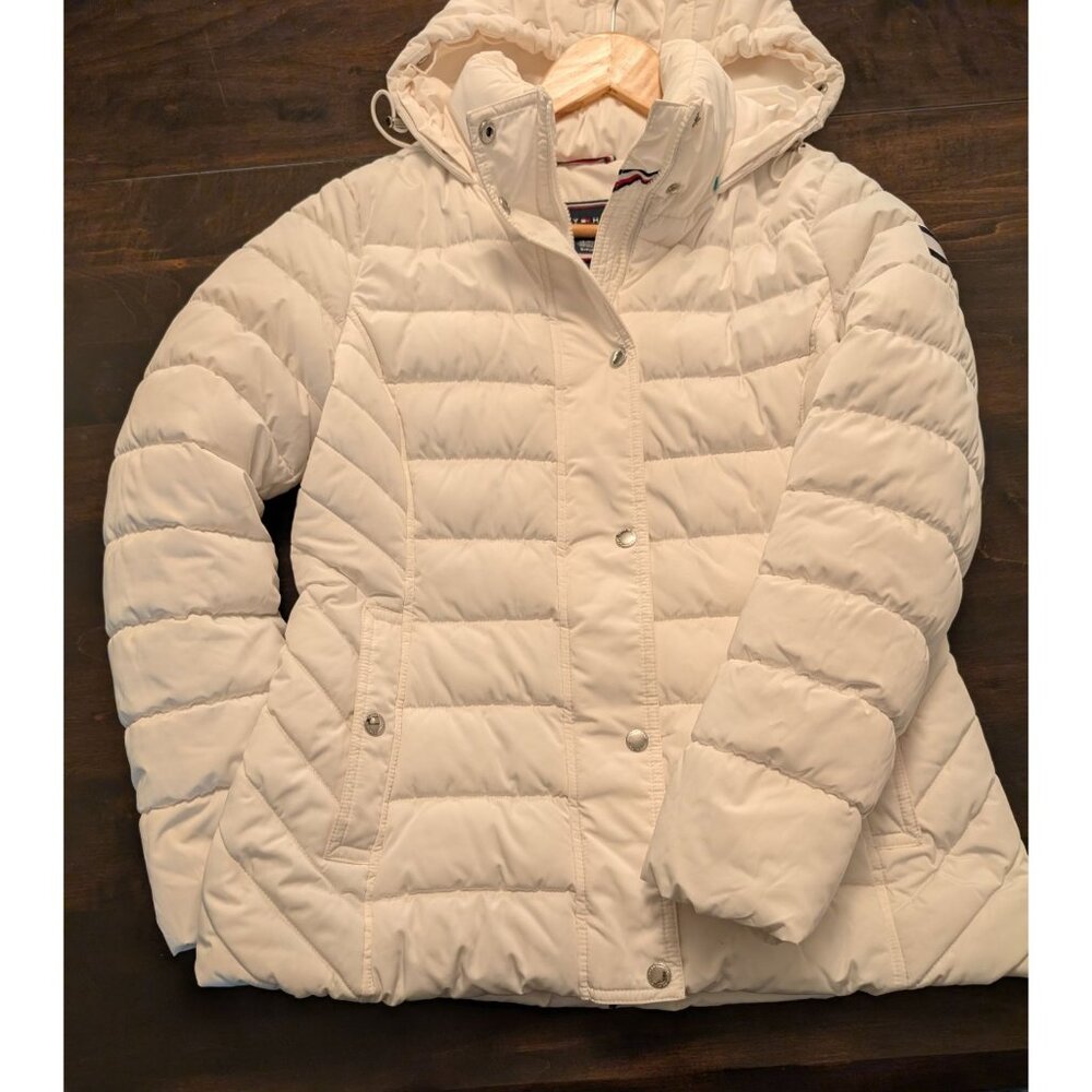 Tommy Hilfiger Womens Quilted Puffer Jacket With Hood Size S White Nylon Blend